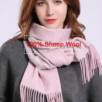 

100% Wool Scarf For Women Autumn Winter Fashion Two-Colors Sheep Wool Scarfs Ladies Tassels Warm Pure Wool Scarves 170x30cm
