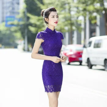

2020 Summer New Stand Collar Buckle Simple Solid Color Womens Dress Fashion Sexy Lace Short Stretch Slim Fit Banquet Cheongsam