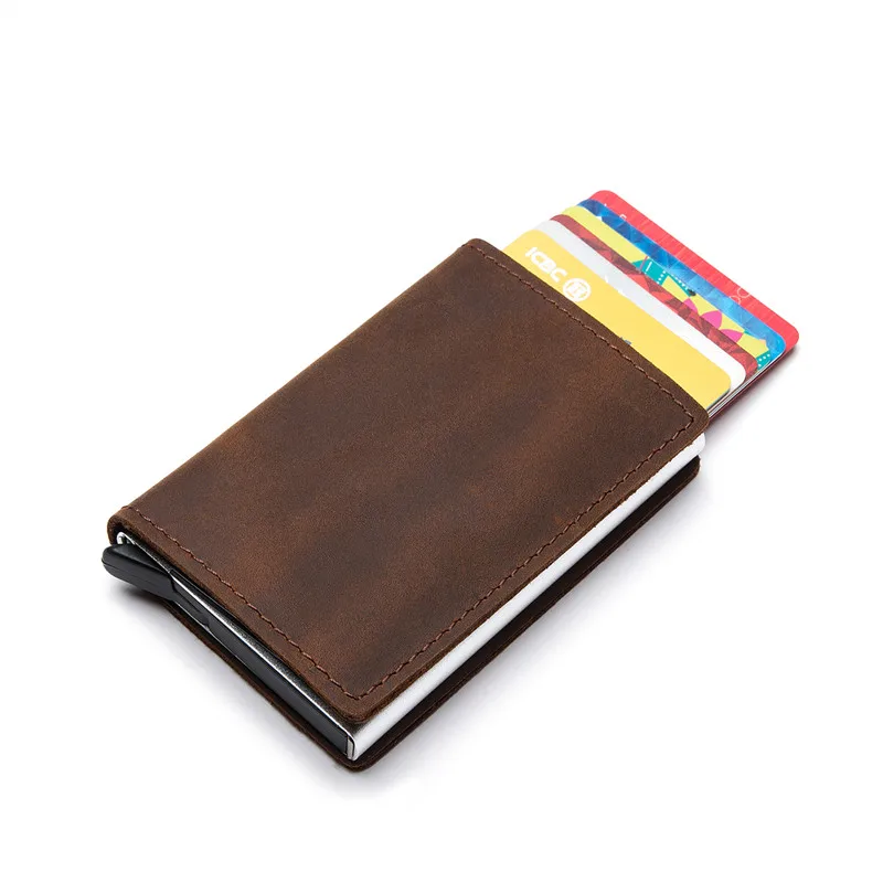 ZOVYVOL Genuine Leather RFID Card Holder Card Case Clutch Pop-up Wallet Aluminum Box Slim Smart Wallets