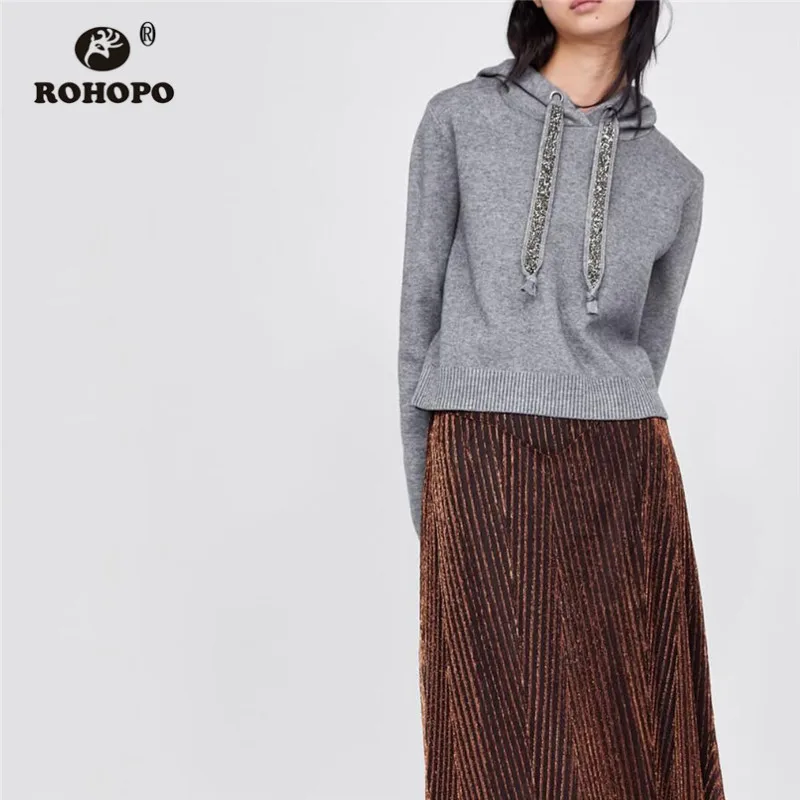 

ROHOPO Lantern Sleeve Hooded Pullover Solid Sweatshirt Diamond Drawstring Hat Elasticity Trimmed Jersey Cotton Hoodies #1715