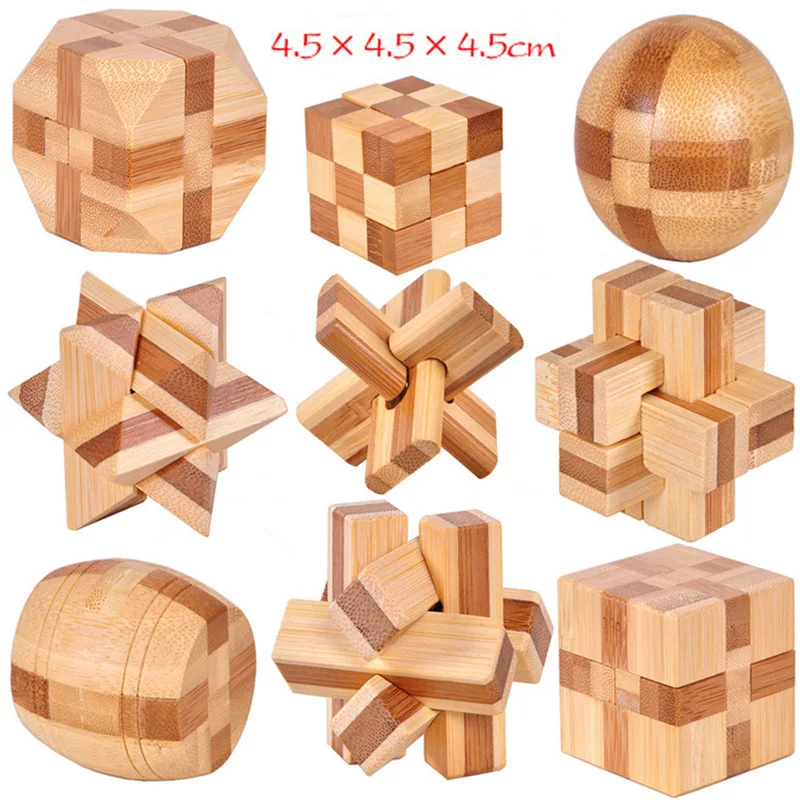 11 типов 4 5 см IQ Brain Teaser Kong Ming Lock 3D деревянная Блокировка заусенцев Пазлы игра