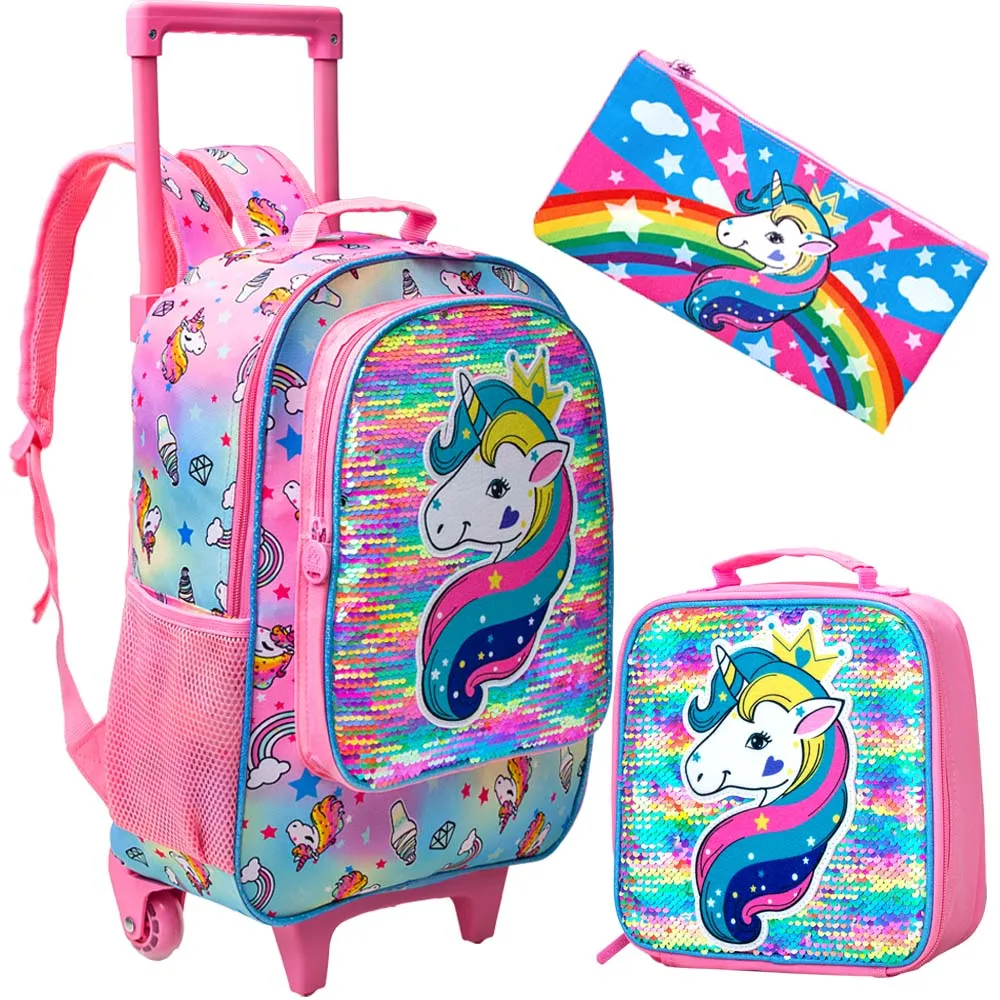 Zaino con ruote da 3 pezzi per ragazze Zaino scolastico con ruote per bambini con pranzo e borsa per penne Unicorno rosa Funzione che si illumina al buio  1501