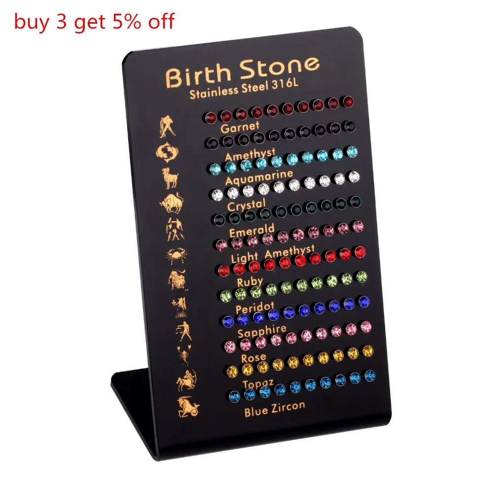 LUXUKISSKIDS 60pairs/Card 12 Constellations Birthday Stone Crystal Stud Earrings for Women Colorful Fashion Jewelry Pendientes