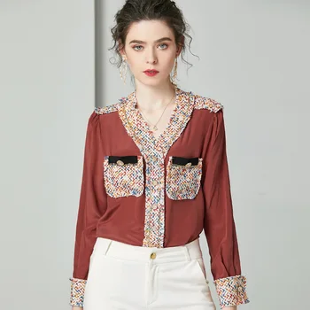 

Silk Shirt Women's 2020 Spring Boutique Elegant Woven Chain Patchwork V-Neck Long Sleeved Loose Fashion Shirts Female S-XL