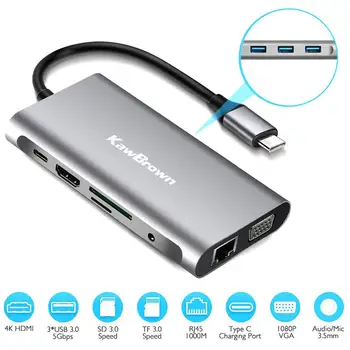 

10 in 1 USB Type-C Hub Type C Hub to VGA +RJ45 Type C to 4K HDMI PD SD TF Card Reader 3.5mm