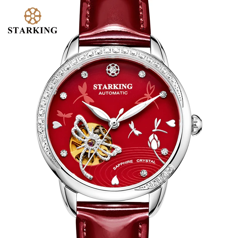 

STARKING Women Skeleton Automatic Mechanical Watch Luxury Brand Sapphire White Case Genuine Leather Wristwatch Female Clock 5ATM