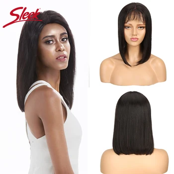 

Sleek Short Human Hair Wigs 100% Remy Brazilian Hair Wigs Straight Bobo Lace Wigs Bangs Wig 150 Density Wigs 12 Inch Short Wigs