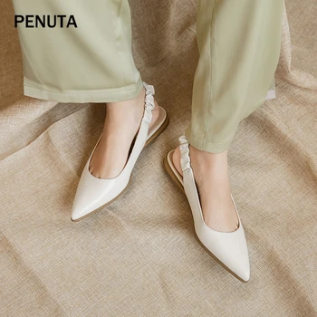

2020 PENUTA Cow Leather Flats Sexy Pointed Toe Genuine Leather Slingbacks Flats High Quality Office Lady Shoes Beige Black F0002