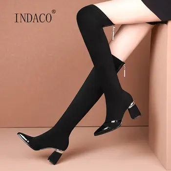 

Women Boots Winter Leather Patchwork Black Thick Heel Over The Knee Boots Pointed Toe High Heel Boots Back Zipper Plus Size 42