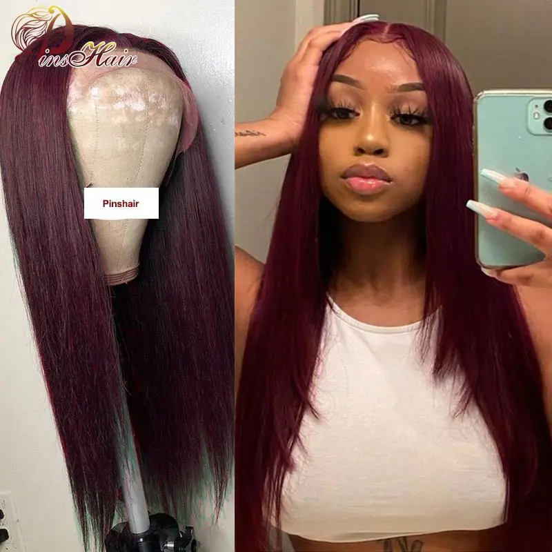 Burgundy Lace Front Human Hair Wigs Red 99J Wig 13X1 Part Peruvian Pre Plucked Pinshair Remy 150% | Шиньоны и парики