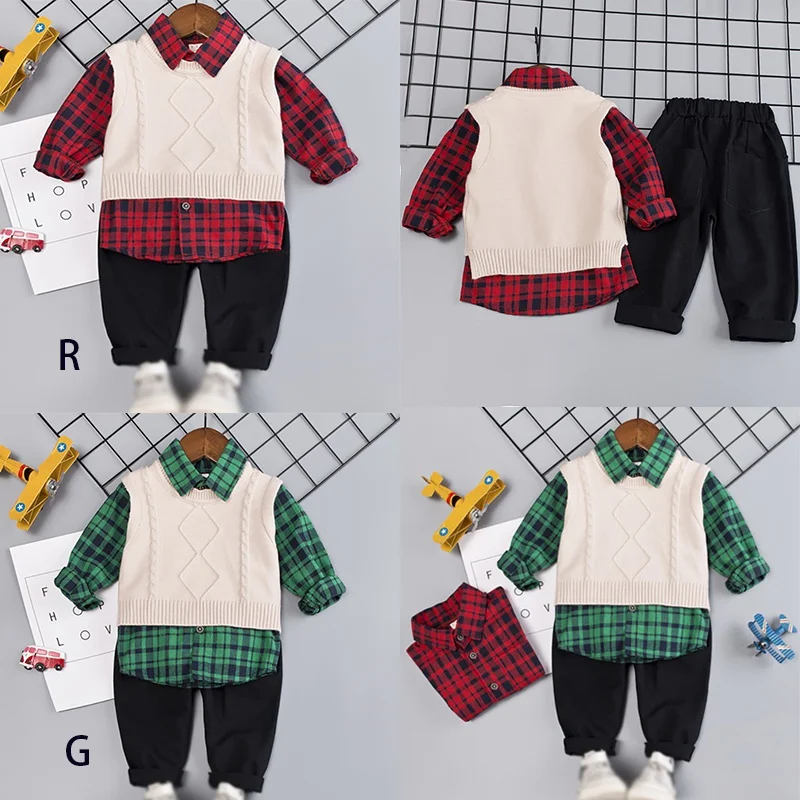 

Autumn Boy Children Sets Cute Long Sleeve Plaid Print Shirt Sleeveless Sweater Trousers Casual Outfits Hot Sale