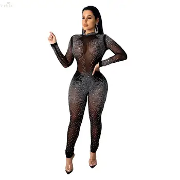 

Sexy Rhinestone Mesh Jumpsuit Women Perspective Long Sleeve Women Romper Party Club Overalls Skinny Outfits O-neck Sexy Jumpsuit