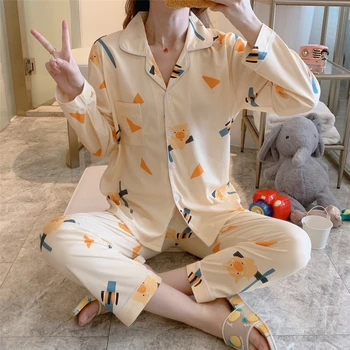 

New Promotion Sexy Girls In Pyjamas Kawaii Breathable Print Feather Nightsuit Womans Long Sleeve Milk Silk Lapel Nighties Pocket
