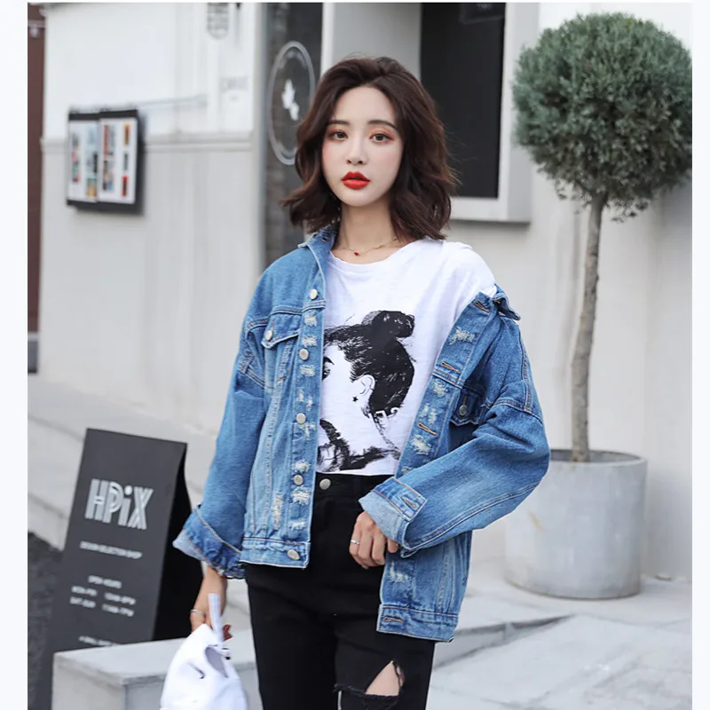 

Korean fashion Ladies Denim coat single breasted pattern jacket turn-down collar streetwear jacket 2019 autumn winter outerwear