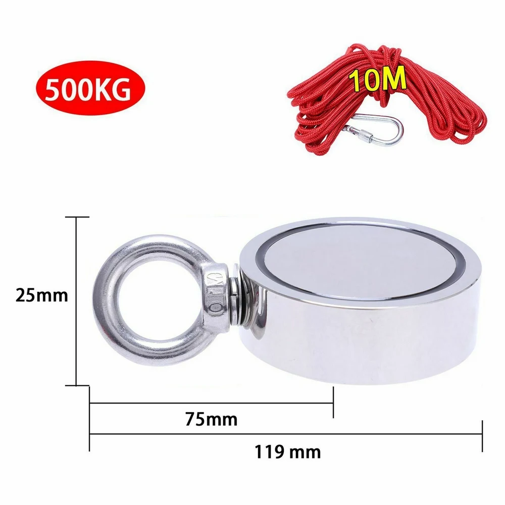 500KG Round Double Sided Neodymium Fishing Magnet Pulling Force With 10M Rope US 
