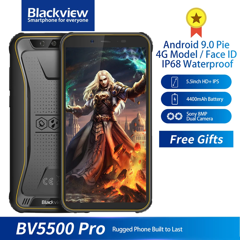 Blackview BV5500 Pro IP68 прочный водонепроницаемый смартфон 3 ГБ + 16 Гб 5,5 "экран 18:9 4400 мАч Android 9,0 NFC Face ID Dual SIM телефон