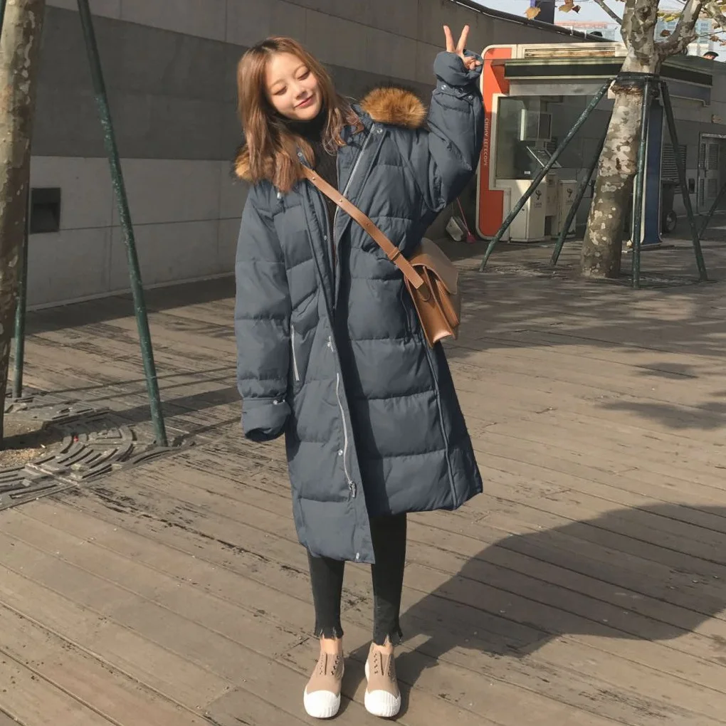 

Photo Shoot Main Push 2019 Winter Large Fur Collar Hooded Covered Edge Bandage Cloth Bell Sleeve Loose-Fit down Coat Women Coat