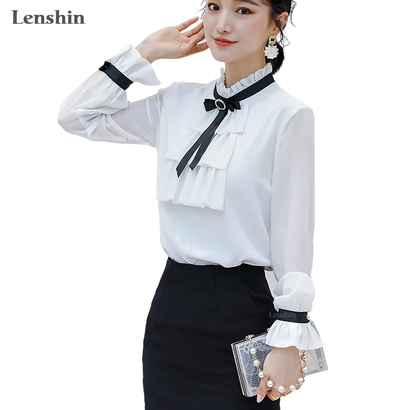 

Lenshin Women Ruffles Shirts with Tie High-quality Flare Sleeve Blouse Office Lady Female Tops Chemise Loose style Stand Collar