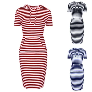 

Womens Dress Vestido Summer Short Sleeve Solid stripe dress slim O Neck Casual mid-calf Hooded Sweatershirt Dress vestidos*3