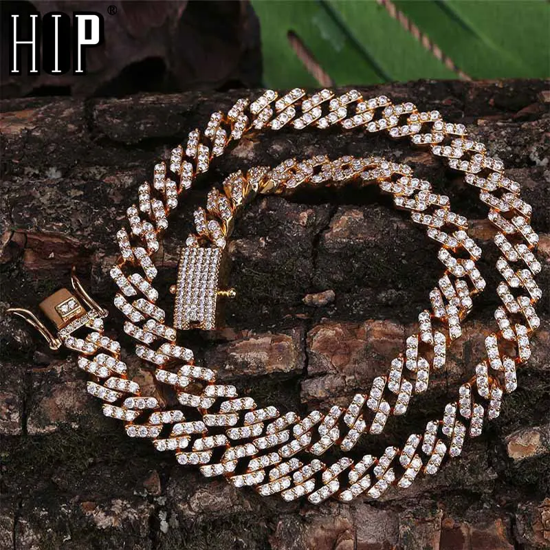 Hip Hop Full Iced Out Zircon Paved Rhinestones 10MM Miami Curb Cuban Chain Bling Rapper Bracelet Necklaces For Men Jewelry