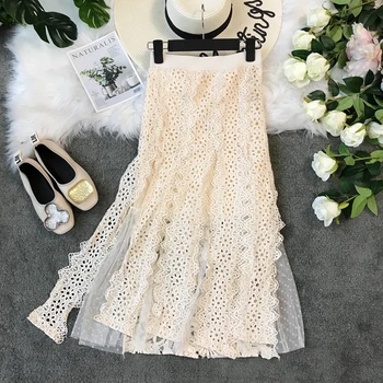

Autumn Ladies Fashion Pure-color Embroidery Irregular A-shaped Mesh Ruffles Hollow-out Splicing Lace Crochet Half-length Skirt