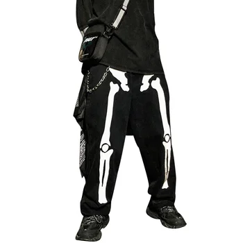 

ABOORUN Men's Hip Hop Baggy Jeans Skull Printed Streetwear Skateboard Loose Denim Jeans for Male R3175