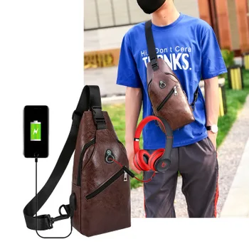 

Chest Bag Men and women PU Leather Chest Pack USB Backbag With Headphone Hole Functional Travel Organizer Male Sling Waist Bags