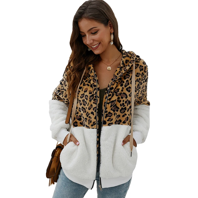 Versear женское леопардовое Сращивание пальто на молнии с капюшоном передние карманы теплый флис пушистые толстовки модная повседневная теплая Осенняя верхняя одежда - Цвет: Белый