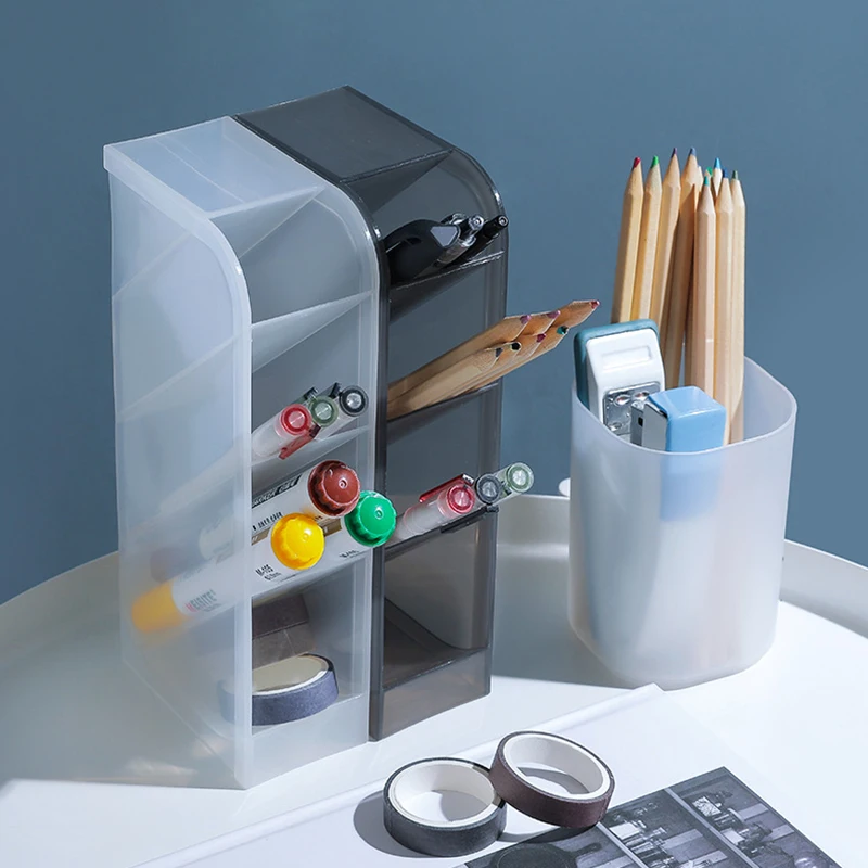 

4 Grid Pen Holder Office Accessories Desk Organizer Storage Case Pencil Stand Desktop Transparent Box Stationery School Supplies
