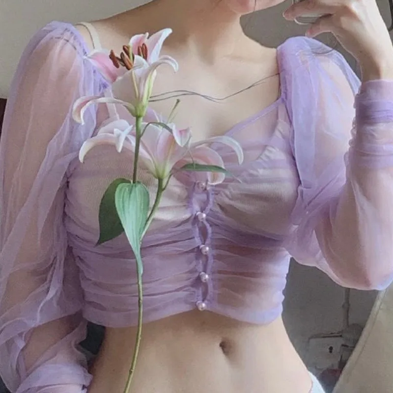 

Elegant Sexy Women Casual Purple See-through Square neck Lace Pearl Button Down Tank Top Vest Blouse Long Puff Sleeve Top Shirt
