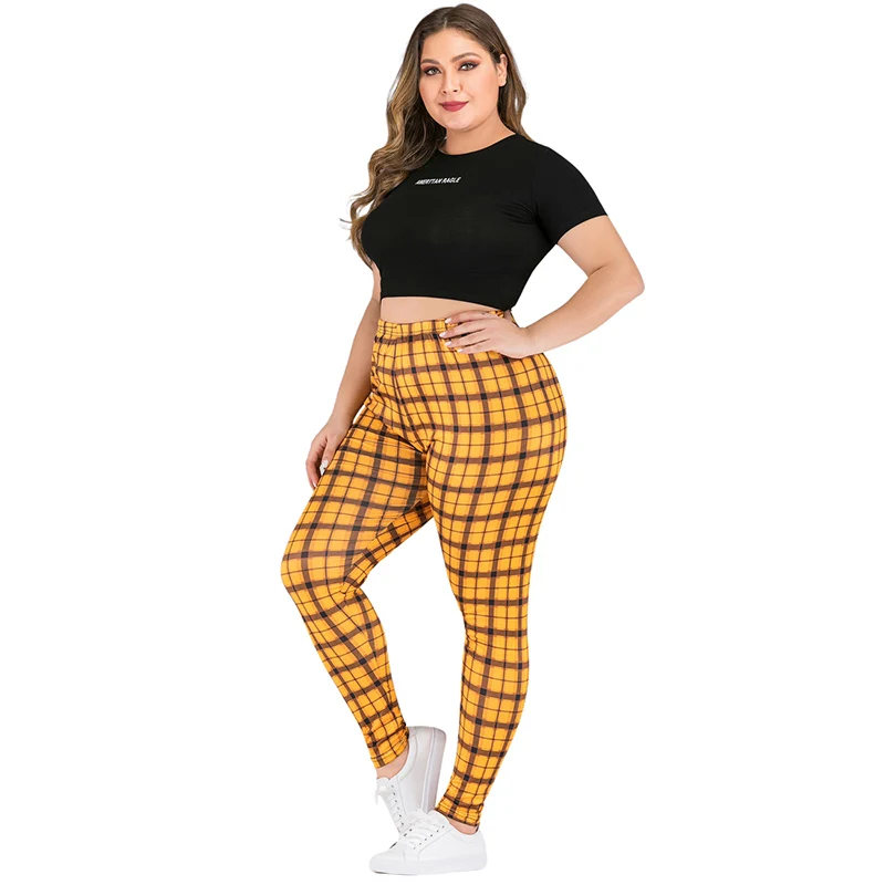 

Sexy High wasit Pants Women Spring Autumn Fashion Slim Pants Yellow Plaid Pattern Casual Female Pencil Pants XL-4XL