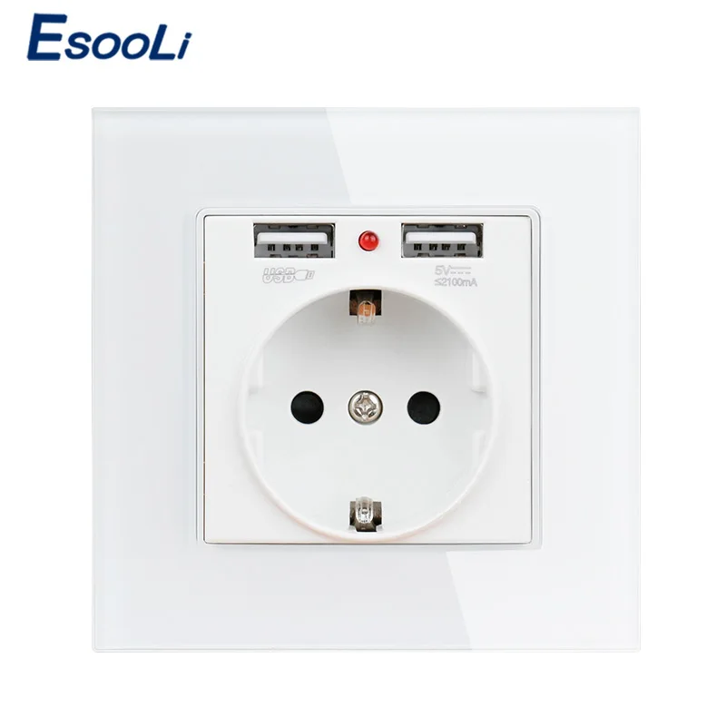 Esooli белая Хрустальная стеклянная панель двойной usb зарядный порт 2.1A 16A Россия Испания USB настенная розетка ЕС розетка
