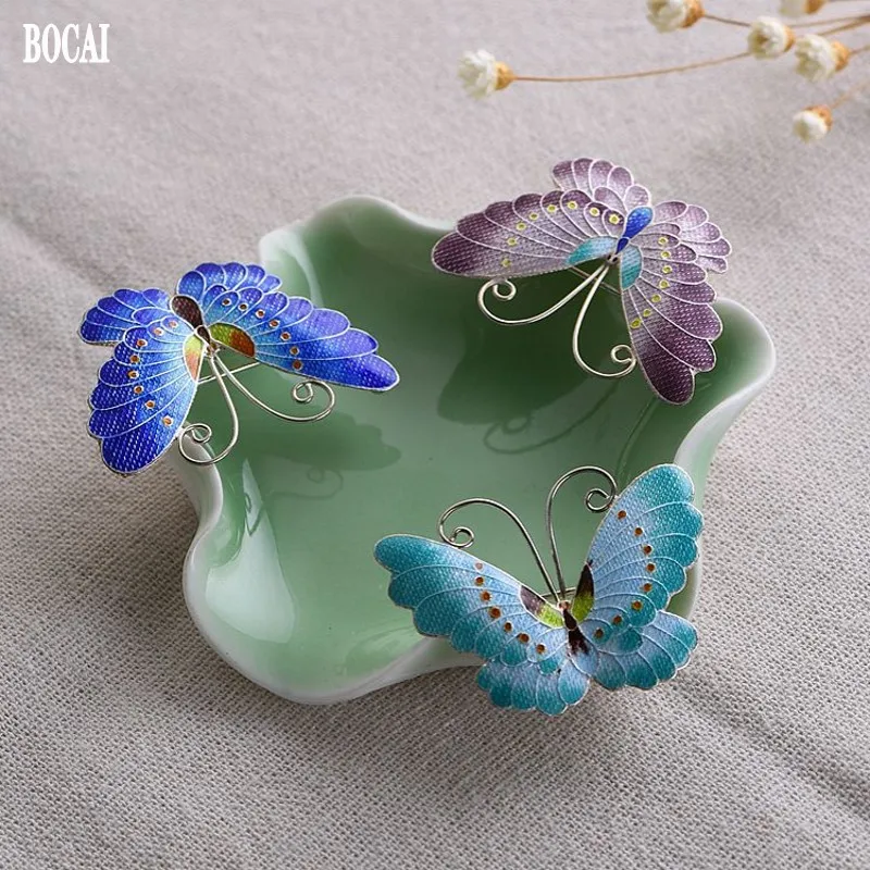 

BOCAI Trend Real S925 Silver Jewelry Burnt Blue DIY Accessories Elegant and Fashionable Cloisonne Butterfly Brooch for Woman