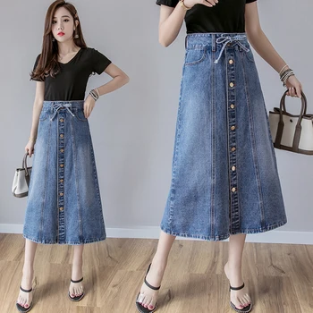

Classic Plus Size Blue Midi Denim Skirt For Women High Waist A Line Denim Skirt Female Loose Single Breasted Midi Jeans Skirt