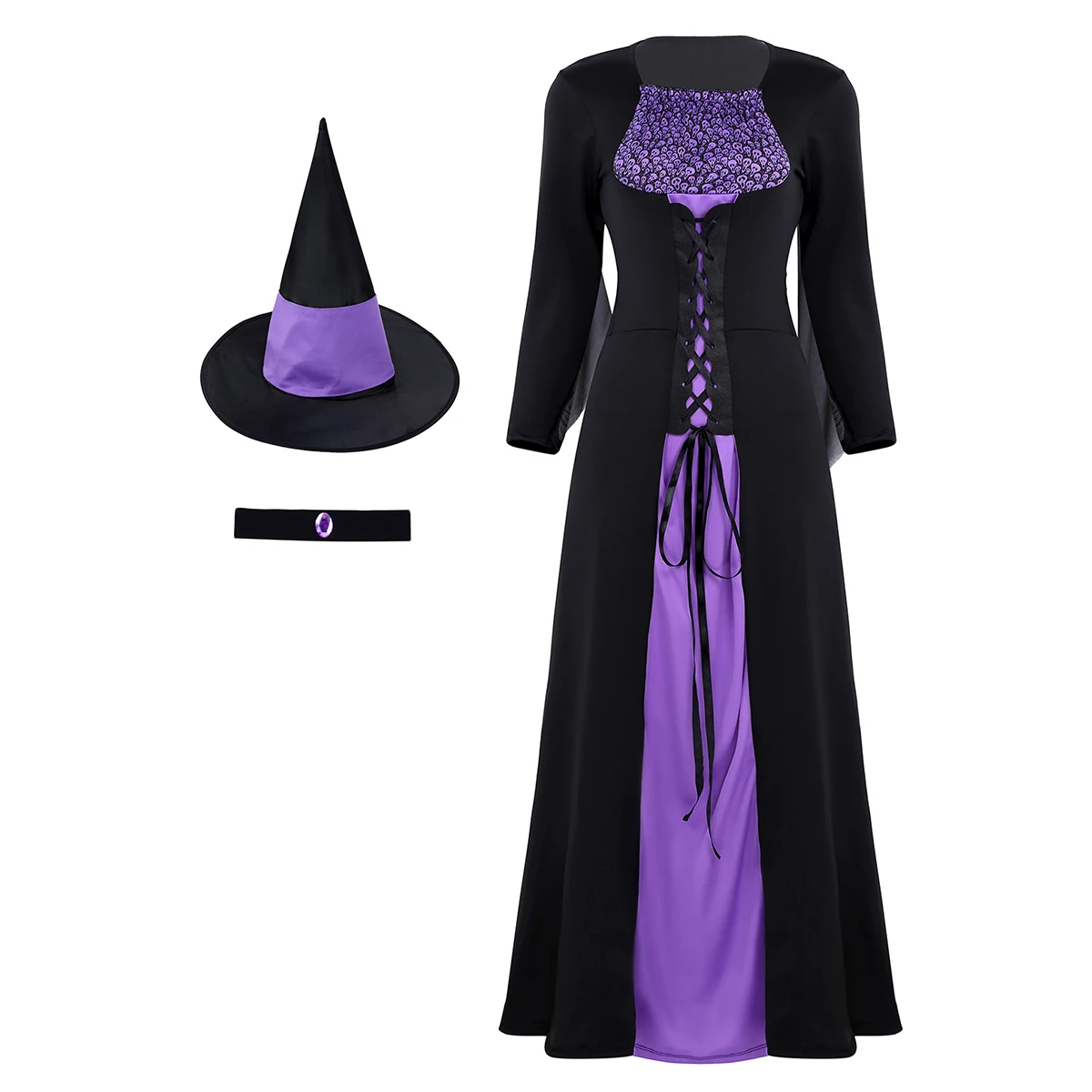 Black Purple TiaoBug взрослый костюм на Хэллоуин костюм женский скелет напечатанный длинный злой ведьмы платье с острым шляпа ожерелье набор - Цвет: Black Purple