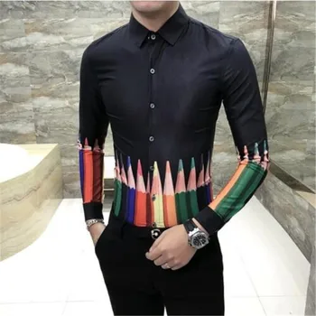 

2019 Spring New Pattern Male Long Sleeve Pencil Printing Shirt Camisa Masculina Fashion Slim Fit Nightclub Clothes Chemise Homme