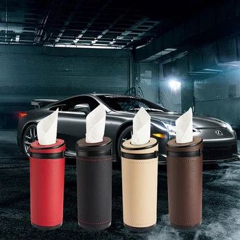 

high quality Leather+ABS Fiber Car Cup Holder Cylinder Tissue Box Tube Storage Box Steering Wheel Cover Tissue Box in Car