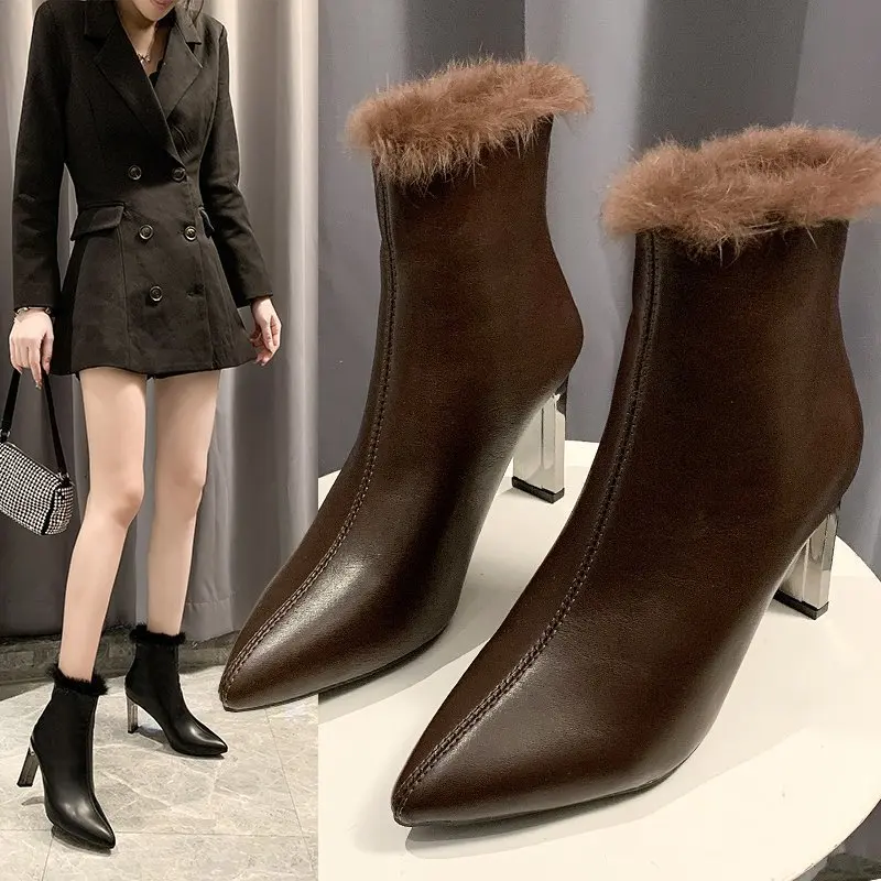 

Autumn And Winter New Fashion High Heels Women Party Pointed Toe Zip Square Heel Solid Plus velvet 8cm High Heels High Quality