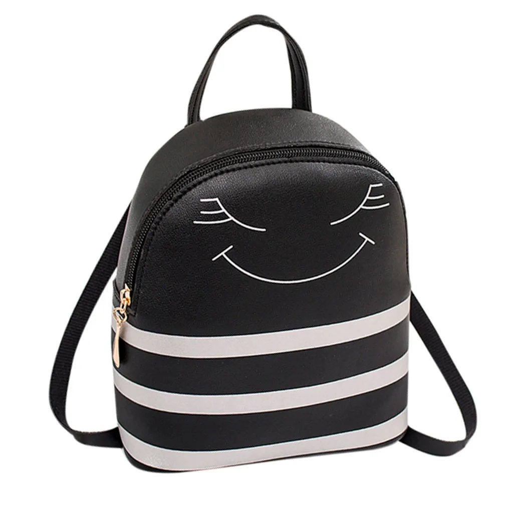 Рюкзак для женщин маленький мини путешествия Новая мода Повседневная PU девушка смайлик наушники отверстие натянутая сумка для мобильных телефонов кожаная сумка# YY - Цвет: Black