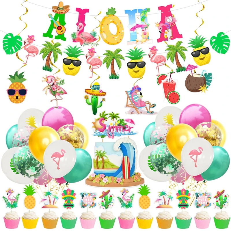 Hawaii Aloha Happy Birthday Banner Flamingo Hawaiian Tropical Party Decor Luau Summer Party Supplies Latex Balloons Cake Toppers