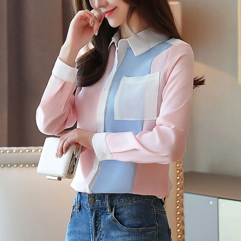  Office Lady Shirts 2020 Autumn Fashion Women Chiffon Blouses Long Sleeve Pocket Women Tops Casual S