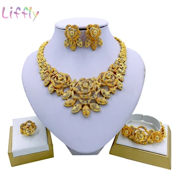 

Liffly Indian Charm Women Fashion Jewelry Sets Party Flower Necklace Bracelet Earrings Ring Jewelry Wedding Gift