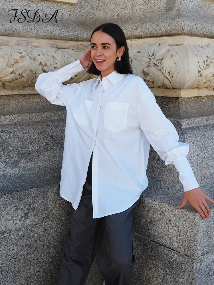 FSDA 2020 Autumn Long Sleeve Loose Blouse Shirt Women Elegant White Button Turn Down Collar Casual Oversized Vintage Top | Женская