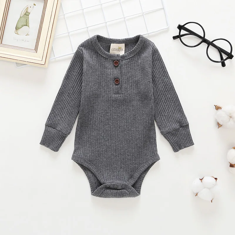 Комбинезон для новорожденных мальчиков от 0 до 18 месяцев, весенне-осенняя одежда для маленьких девочек мягкий хлопковый комбинезон в рубчик с длинными рукавами для младенцев - Цвет: 2-Grey