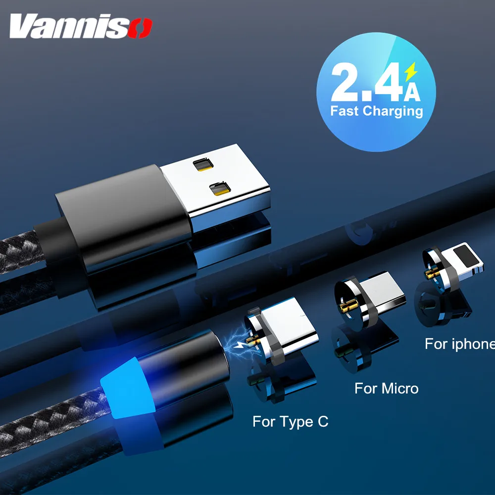

Vanniso 2m Magnetic Cable For iPhone XS Samsung Charger Quick Charge 2.4A Micro USB Type C Magnet Phone fast Charging Data Cord