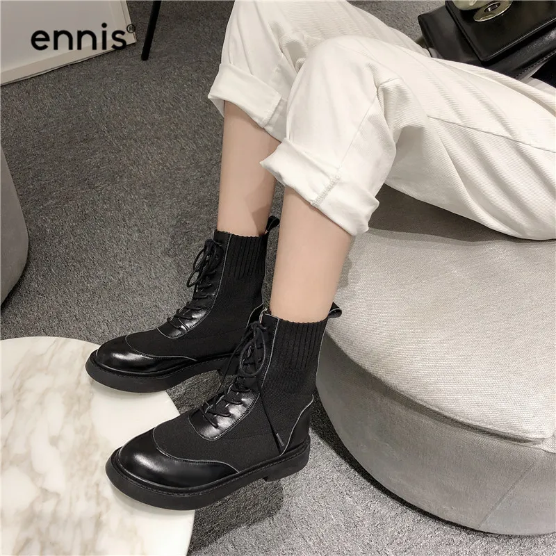 ENNIS/черные женские ботильоны; ботинки на плоской подошве со шнуровкой; женские вязаные ботинки из натуральной кожи; сезон осень-зима; Ботинки martin; Новинка; A9351