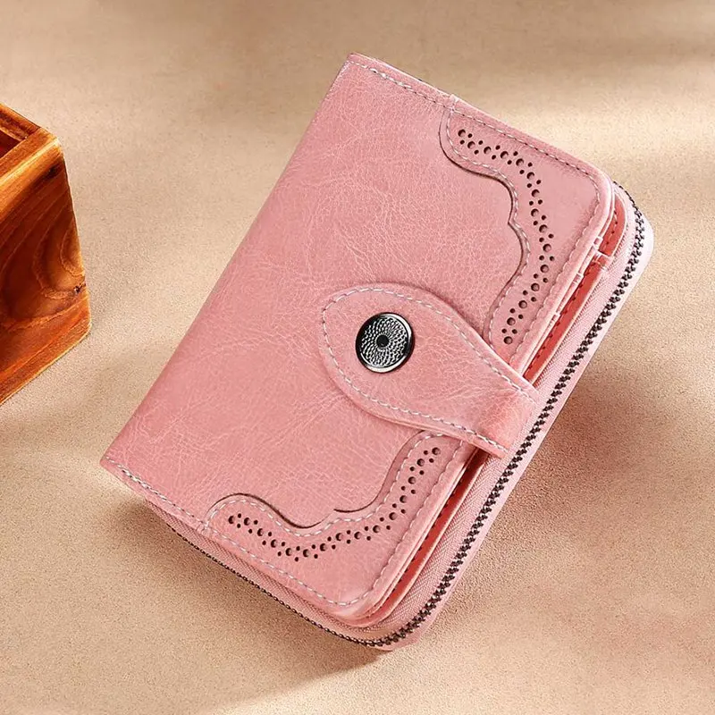 Pink 1 PC Oil Wax Leather Wallet Women Lady Vintage Short Two Fold Zipper Wallet Girls FashionCredit Card Holder Purse Clutch Wallet - Color: Pink