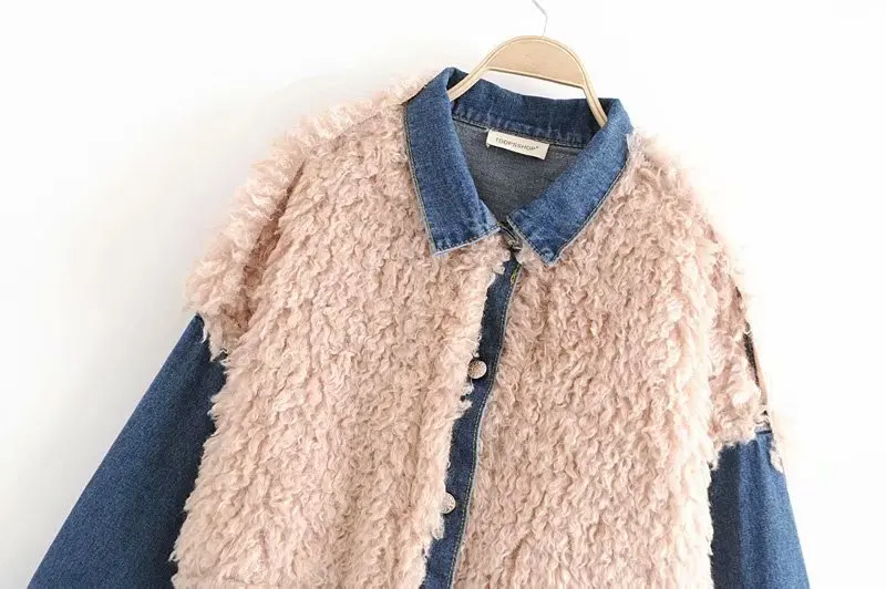

Autumn And Winter New Style Europe And America WOMEN'S Dress-Style Imitation Rabbit Fur Joint Fold-down Collar Washing Denim Jac