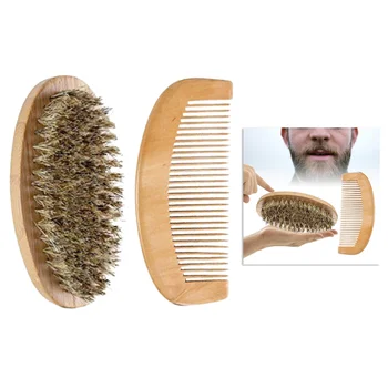 

2Pcs Beard Brush Comb Set Beech Handle Soft Oval Boar Bristle Mustache Brush Male Makeup Tool Shaving Brush for Male
