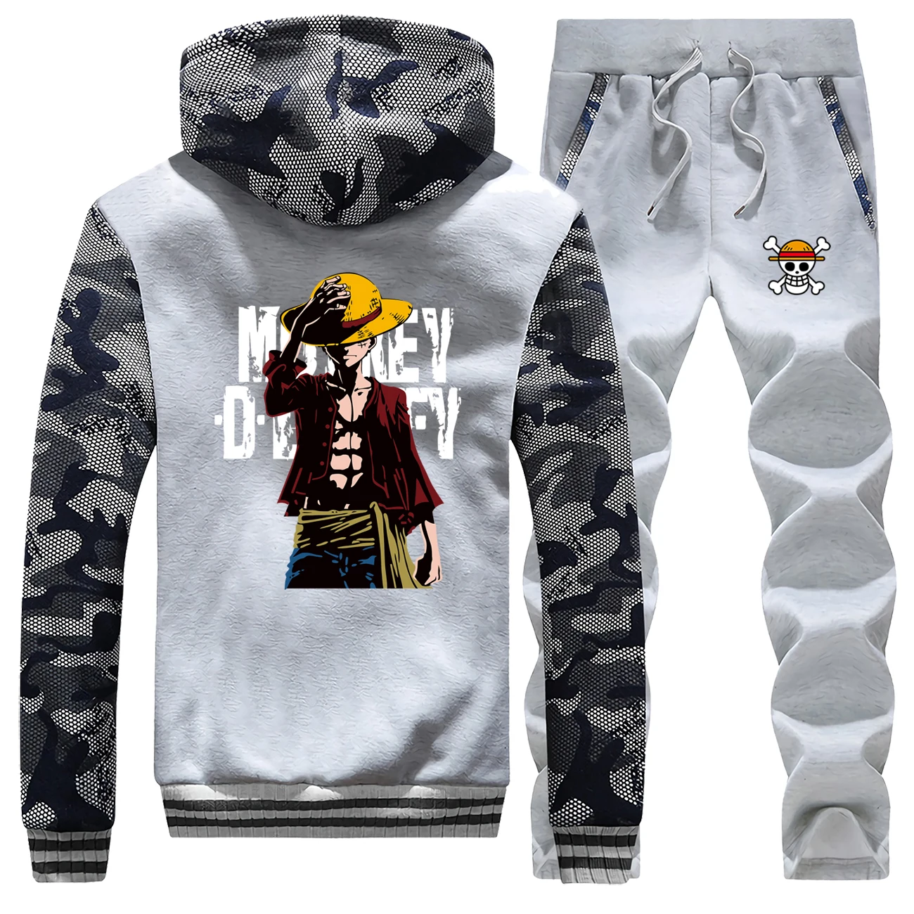 One piece Luffy зима японский аниме камуфляж мужская толстовка хип хоп пальто толстые толстовки теплая куртка костюм+ брюки комплект из 2 предметов